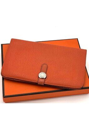 Hermes Wallet Dogon GM Taurillon Clemence Orange Silver